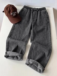 Tween Boy Fashion Casual Based Stretch Lastic Waist Drawstring Design Grey Loose Jeans - Grey - View 5