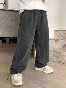 Tween Boy Fashion Casual Based Stretch Lastic Waist Drawstring Design Grey Loose Jeans - Grey - View 3