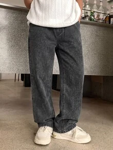 Tween Boy Fashion Casual Based Stretch Lastic Waist Drawstring Design Grey Loose Jeans - Grey - View 7