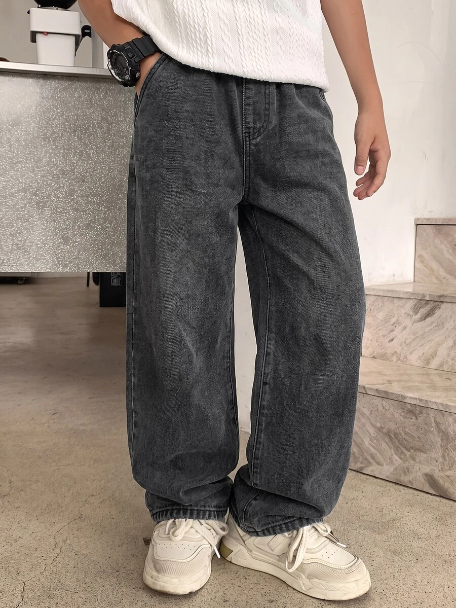 Tween Boy Fashion Casual Based Stretch Lastic Waist Drawstring Design Grey Loose Jeans - Grey - View 1