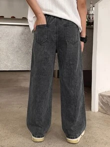 Tween Boy Fashion Casual Based Stretch Lastic Waist Drawstring Design Grey Loose Jeans - Grey - View 2