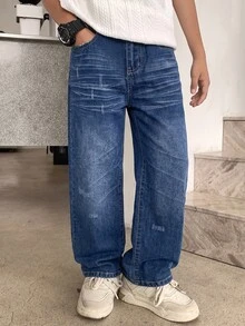 SHEIN 青少年男孩時尚休閒貓尾設計深藍色寬鬆舒適牛仔長褲 - 藍色 - 查看 1