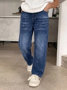SHEIN 青少年男孩時尚休閒貓尾設計深藍色寬鬆舒適牛仔長褲 - 藍色 - 查看 3
