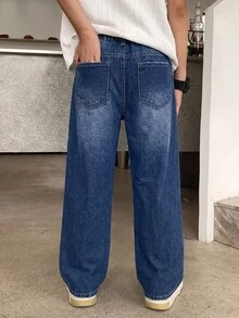 SHEIN 青少年男孩時尚休閒貓尾設計深藍色寬鬆舒適牛仔長褲 - 藍色 - 查看 2
