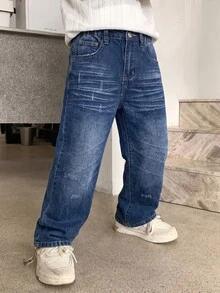 SHEIN 青少年男孩時尚休閒貓尾設計深藍色寬鬆舒適牛仔長褲 - 藍色 - 查看 6