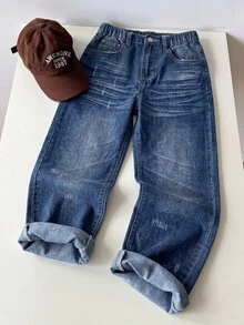 SHEIN 青少年男孩時尚休閒貓尾設計深藍色寬鬆舒適牛仔長褲 - 藍色 - 查看 7