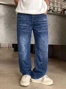 SHEIN 青少年男孩時尚休閒貓尾設計深藍色寬鬆舒適牛仔長褲 - 藍色 - 查看 4