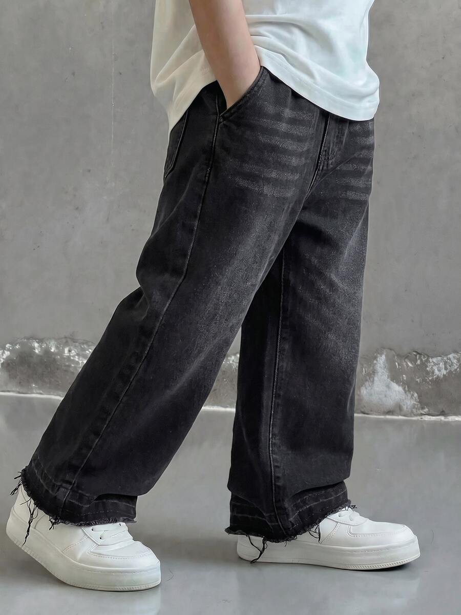 SHEIN 青少年男孩時尚休閒 Y2K 黑色寬鬆舒適基礎牛仔褲,適合學生穿著 - 藍色 - 查看 1