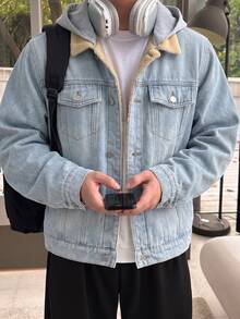 SHEIN Teen Boy Fashion Y2k Casual Fall/Winter Denim Bottom Patchwork Knitted Hooded Loose-Sleeved Jacket - Blue - View 5
