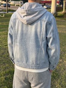 SHEIN Teen Boy Fashion Y2k Casual Fall/Winter Denim Bottom Patchwork Knitted Hooded Loose-Sleeved Jacket - Blue - View 2