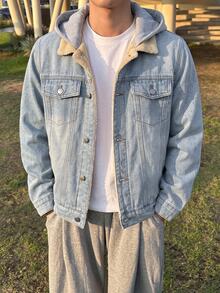 SHEIN Teen Boy Fashion Y2k Casual Fall/Winter Denim Bottom Patchwork Knitted Hooded Loose-Sleeved Jacket - Blue - View 6