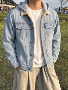 SHEIN Teen Boy Fashion Y2k Casual Fall/Winter Denim Bottom Patchwork Knitted Hooded Loose-Sleeved Jacket - Blue - View 3