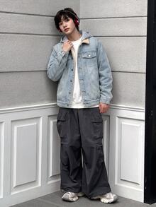 SHEIN Teen Boy Fashion Y2k Casual Fall/Winter Denim Bottom Patchwork Knitted Hooded Loose-Sleeved Jacket - Blue - View 7