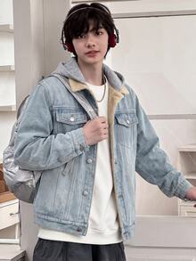 SHEIN Teen Boy Fashion Y2k Casual Fall/Winter Denim Bottom Patchwork Knitted Hooded Loose-Sleeved Jacket - Blue - View 8
