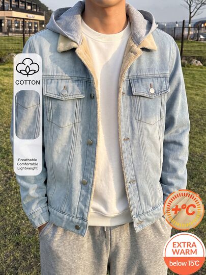 SHEIN Teen Boy Fashion Y2k Casual Fall/Winter Denim Bottom Patchwork Knitted Hooded Loose-Sleeved Jacket