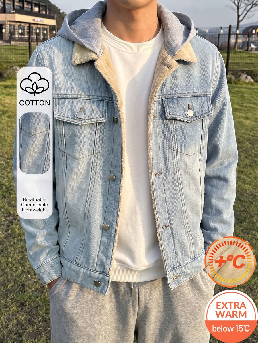 SHEIN Teen Boy Fashion Y2k Casual Fall/Winter Denim Bottom Patchwork Knitted Hooded Loose-Sleeved Jacket - Blue - View 1