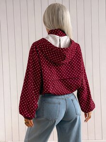 SHEIN EZwear 女款波點印花前拉鍊休閒復古復古風日常寬鬆百搭長袖連帽外套，適合日常旅行，酒紅色，秋季 - 酒紅色 - 查看 3