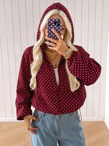 SHEIN EZwear 女款波點印花前拉鍊休閒復古復古風日常寬鬆百搭長袖連帽外套，適合日常旅行，酒紅色，秋季 - 酒紅色 - 查看 6