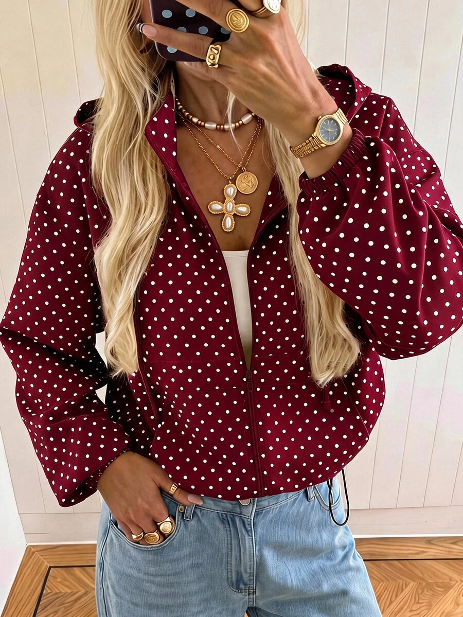 SHEIN EZwear 女款波點印花前拉鍊休閒復古復古風日常寬鬆百搭長袖連帽外套,適合日常旅行,酒紅色,秋季 - 酒紅色 - 查看 1