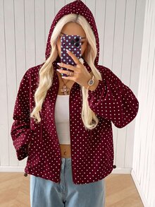 SHEIN EZwear 女款波點印花前拉鍊休閒復古復古風日常寬鬆百搭長袖連帽外套，適合日常旅行，酒紅色，秋季 - 酒紅色 - 查看 5