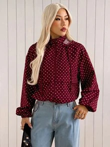SHEIN EZwear 女款波點印花前拉鍊休閒復古復古風日常寬鬆百搭長袖連帽外套，適合日常旅行，酒紅色，秋季 - 酒紅色 - 查看 8