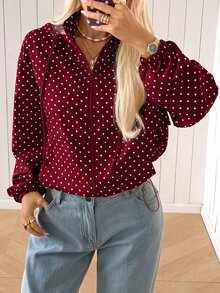 SHEIN EZwear 女款波點印花前拉鍊休閒復古復古風日常寬鬆百搭長袖連帽外套，適合日常旅行，酒紅色，秋季 - 酒紅色 - 查看 2