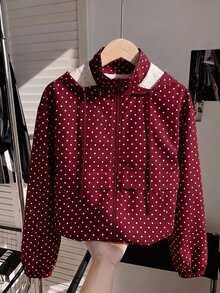 SHEIN EZwear 女款波點印花前拉鍊休閒復古復古風日常寬鬆百搭長袖連帽外套，適合日常旅行，酒紅色，秋季 - 酒紅色 - 查看 7