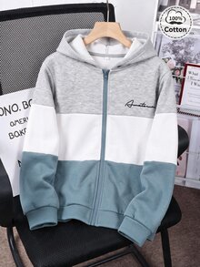 SHEIN 兒童青少年男孩休閒舒適拼色連帽字母圖案運動衫外套，適合秋冬、戶外玩耍、學校、街頭穿搭、派對與日常休閒穿著，高CP值 - 灰色 - 查看 2