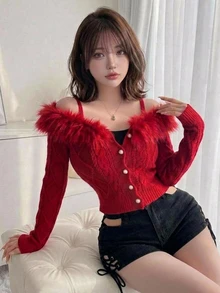 FRIFUL 女款露肩長袖單排扣純色毛領裝飾時尚毛衣，紅色冬季浪漫優雅晚餐約會款 - 紅色 - 查看 2
