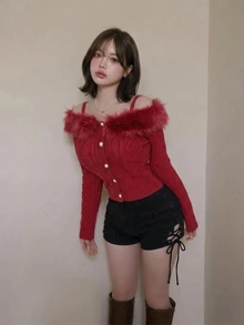 FRIFUL 女款露肩長袖單排扣純色毛領裝飾時尚毛衣，紅色冬季浪漫優雅晚餐約會款 - 紅色 - 查看 5