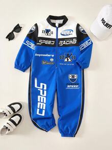 Bubblio Young Boy Casual Cute Fun Sports Street Style Academy Korean All-Match Versatile Simple Comfortable Fashion Motorcycle Racing Suit Jumpsuit Suitable For Halloween, Sports Competition, Birthday Party, Baptism - Blue - View 4