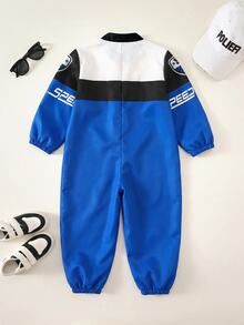 Bubblio Young Boy Casual Cute Fun Sports Street Style Academy Korean All-Match Versatile Simple Comfortable Fashion Motorcycle Racing Suit Jumpsuit Suitable For Halloween, Sports Competition, Birthday Party, Baptism - Blue - View 2