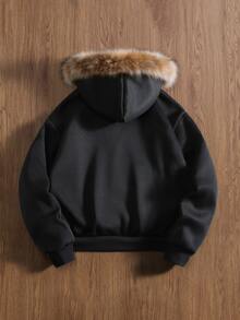 TOKVUE Men's Zip-Up Hoodie Sweatshirt, Double-Layered Hood With Fur Collar, Letter Embroidery Design, Loose Fit, Casual Comfortable Versatile, Suitable For Outings, Commuting, Street Style, Travel, Vacation, Daily Wear - Black - View 2