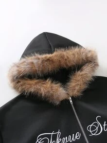 TOKVUE Men's Zip-Up Hoodie Sweatshirt, Double-Layered Hood With Fur Collar, Letter Embroidery Design, Loose Fit, Casual Comfortable Versatile, Suitable For Outings, Commuting, Street Style, Travel, Vacation, Daily Wear - Black - View 3