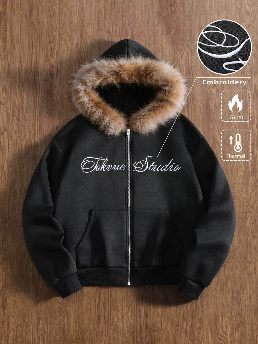 TOKVUE Men's Zip-Up Hoodie Sweatshirt, Double-Layered Hood With Fur Collar, Letter Embroidery Design, Loose Fit, Casual Comfortable Versatile, Suitable For Outings, Commuting, Street Style, Travel, Vacation, Daily Wear - Black - View 1