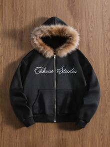 TOKVUE Men's Zip-Up Hoodie Sweatshirt, Double-Layered Hood With Fur Collar, Letter Embroidery Design, Loose Fit, Casual Comfortable Versatile, Suitable For Outings, Commuting, Street Style, Travel, Vacation, Daily Wear - Black - View 4