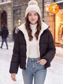 SHEIN Tween Girl 極簡舒適寬鬆短版立領冬季夾克 - 黑色 - 查看 2