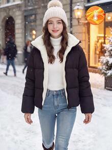 SHEIN Tween Girl 極簡舒適寬鬆短版立領冬季夾克 - 黑色 - 查看 4
