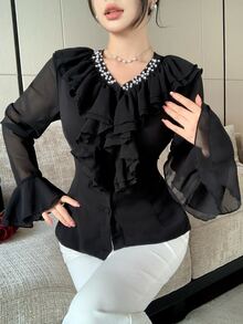 Modelyn French Style Ruffle Trim Waist-Cinching Slimming Women's Blouse - Black - View 5