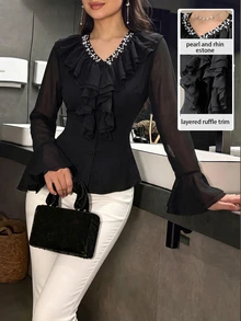 Modelyn French Style Ruffle Trim Waist-Cinching Slimming Women's Blouse - Black - View 7