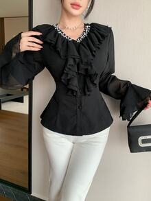 Modelyn French Style Ruffle Trim Waist-Cinching Slimming Women's Blouse - Black - View 9