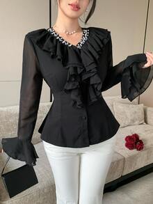 Modelyn French Style Ruffle Trim Waist-Cinching Slimming Women's Blouse - Black - View 8