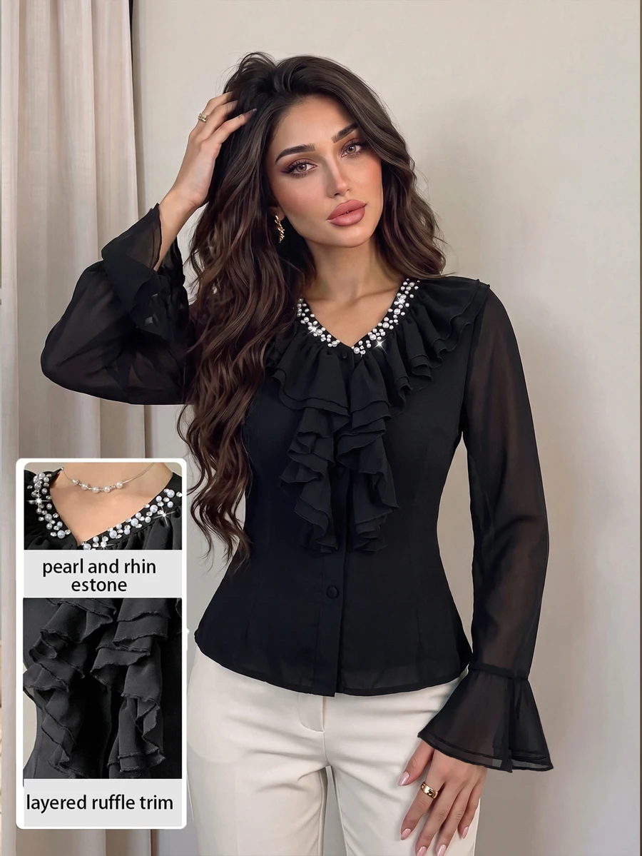 Modelyn French Style Ruffle Trim Waist-Cinching Slimming Women's Blouse