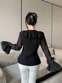 Modelyn French Style Ruffle Trim Waist-Cinching Slimming Women's Blouse - Black - View 3