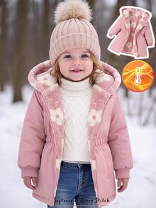 Cozy Pixies 女嬰外套 女嬰可愛粉色針織條紋連帽保暖內裡冬季外套，粉色花卉保暖印花內裡，時尚可愛 - 粉色 - 查看 7