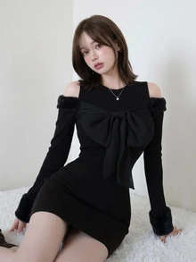 FRIFUL Women's Cold Shoulder Long Sleeve Bow Round Neck Short Dress Night Out Going Out Black Winter Sexy - Black - View 2