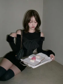 FRIFUL Women's Cold Shoulder Long Sleeve Bow Round Neck Short Dress Night Out Going Out Black Winter Sexy - Black - View 1