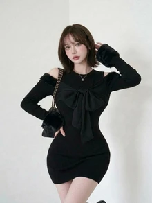 FRIFUL Women's Cold Shoulder Long Sleeve Bow Round Neck Short Dress Night Out Going Out Black Winter Sexy - Black - View 4
