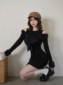 FRIFUL Women's Cold Shoulder Long Sleeve Bow Round Neck Short Dress Night Out Going Out Black Winter Sexy - Black - View 3