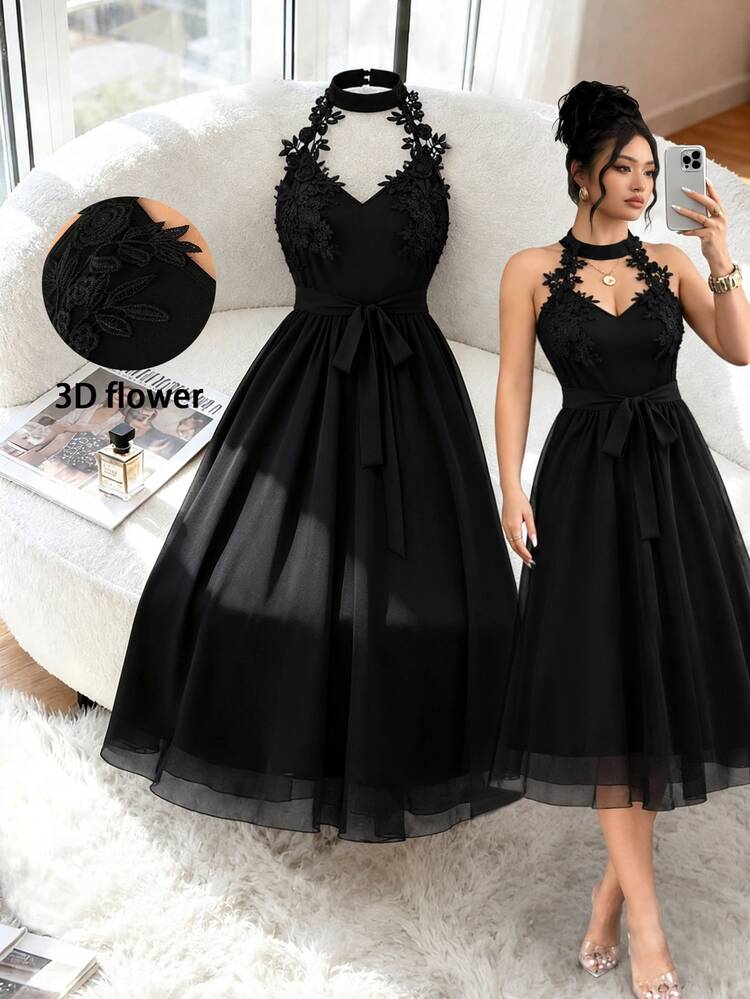 Elenzga Plus Size Women's Sleeveless Patchwork Sequin Decorated Elegant Long Dress - Black - View 3